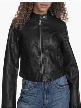 Levi's Black Faux Leather Racer Jacket with Stand Collar